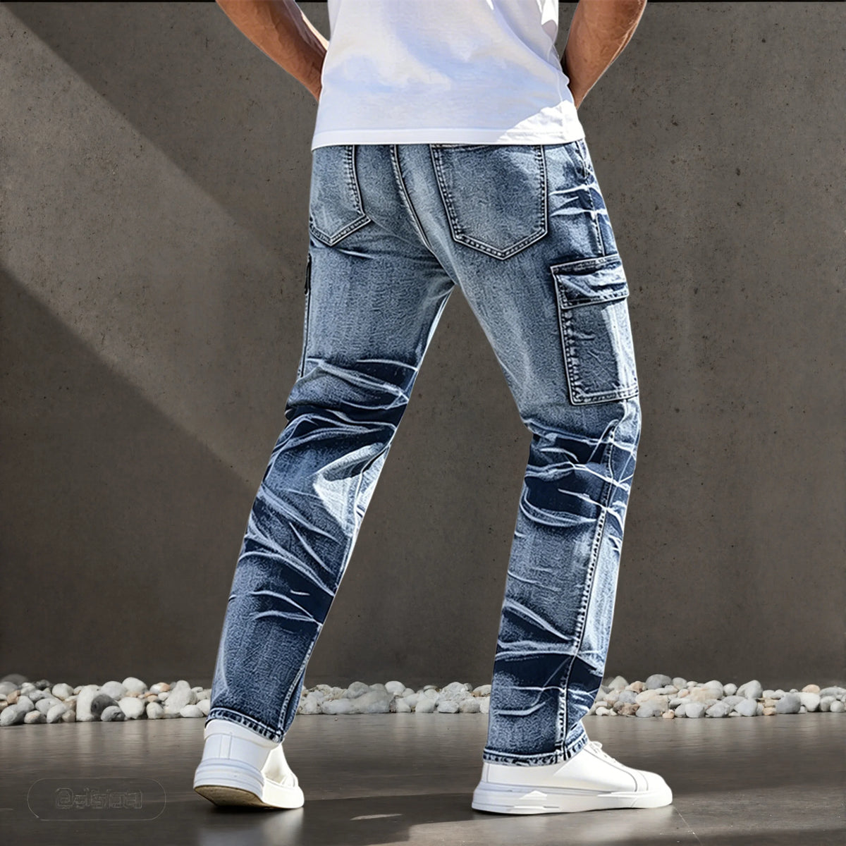 Men's Jeans, American Casual Style, Multi-Pocket Design, Simple and Versatile Straight-Leg Trousers, Suitable for All Seasons