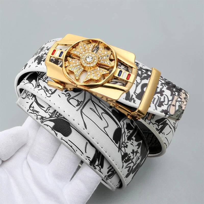 Men's Fashionable Automatic Belt with Rotating Buckle，Graffiti printPUBelt，Luxurious casual belt suitable for jeans and trousers
