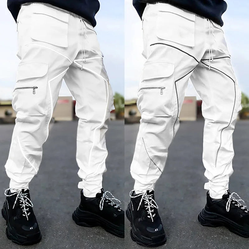Men's Gym Joggers Stretch Casual Sweatpants Fitness Track Pants Multi-Pocket Cargo Hip Hop Streetwear Reflective Sports Trousers