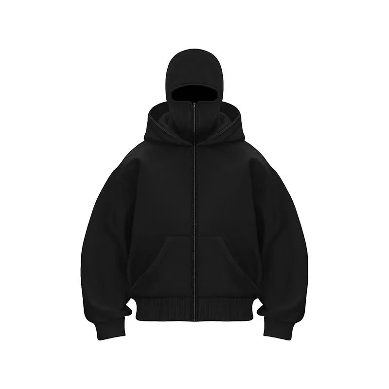 Men Hip Hop Double Hat Balaclava Hoodie Windproof Zipper Face Mask Sweatshirt Streetwear Trend Autumn Fashion Hooded Jacket Coat