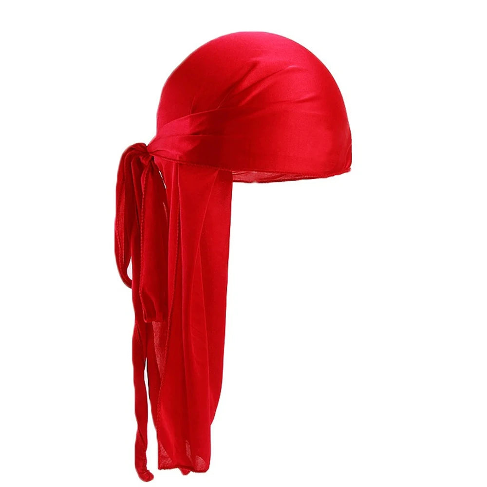 Men's Silky Turban Head Wrap Hat Wig For Men Women Satin Couple Biker Headwear Headband Hair Accessories Extra Long Tail