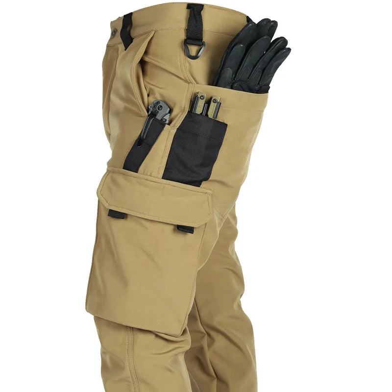 Men's Fleece Autumn Winter Warm Tactical Pants Softshell Outdoor Pants Cargo Work Hiking Sports Pants Military Multi Pockets