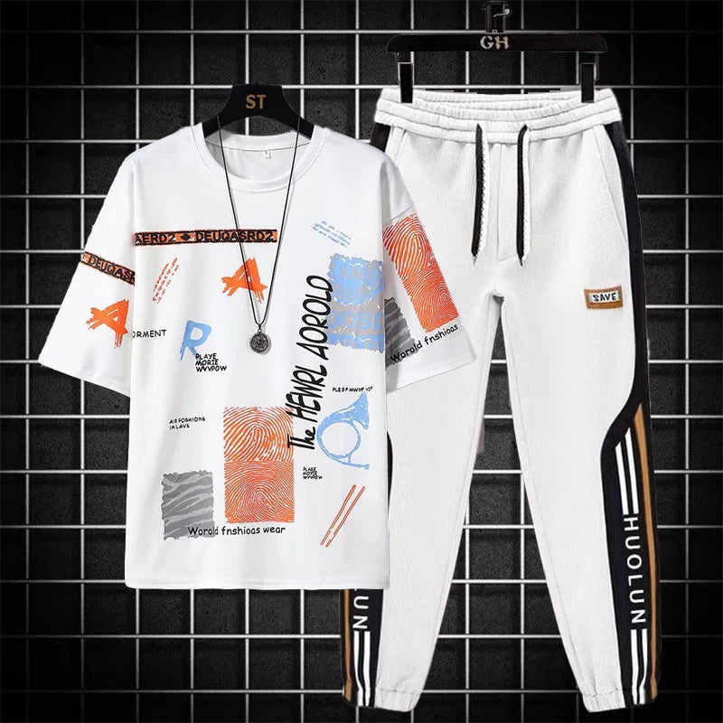 Mens Joggers Set 2022 New Mens Clothes Korean Fashion Outfit Set  Print T-shirt Multi-pocket Cargo Pants Two Piece Set Summer