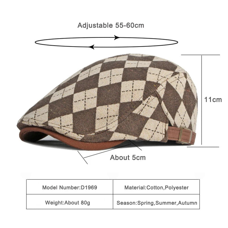 Spring Fall Men's Beret Hat Retro Plaid Herringbone Cap Forward Flat Peaked Cap Women Dailywear Sunshade Cabbie Driving Hat