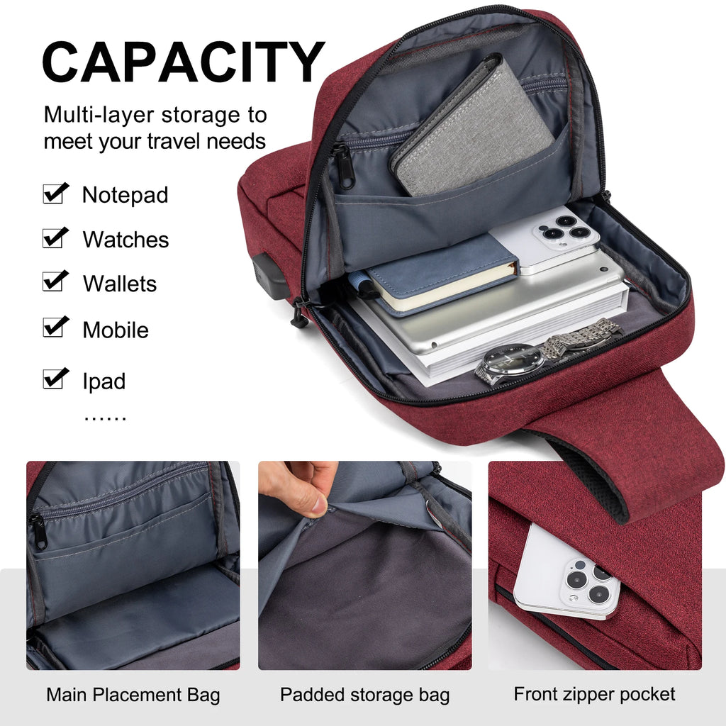 Men Bag Fashion New Solid Color Men Chest Bag Outdoor Casual Fashion One Shoulder Crossbody Bag Nylon USB Charging Shoulder Bags