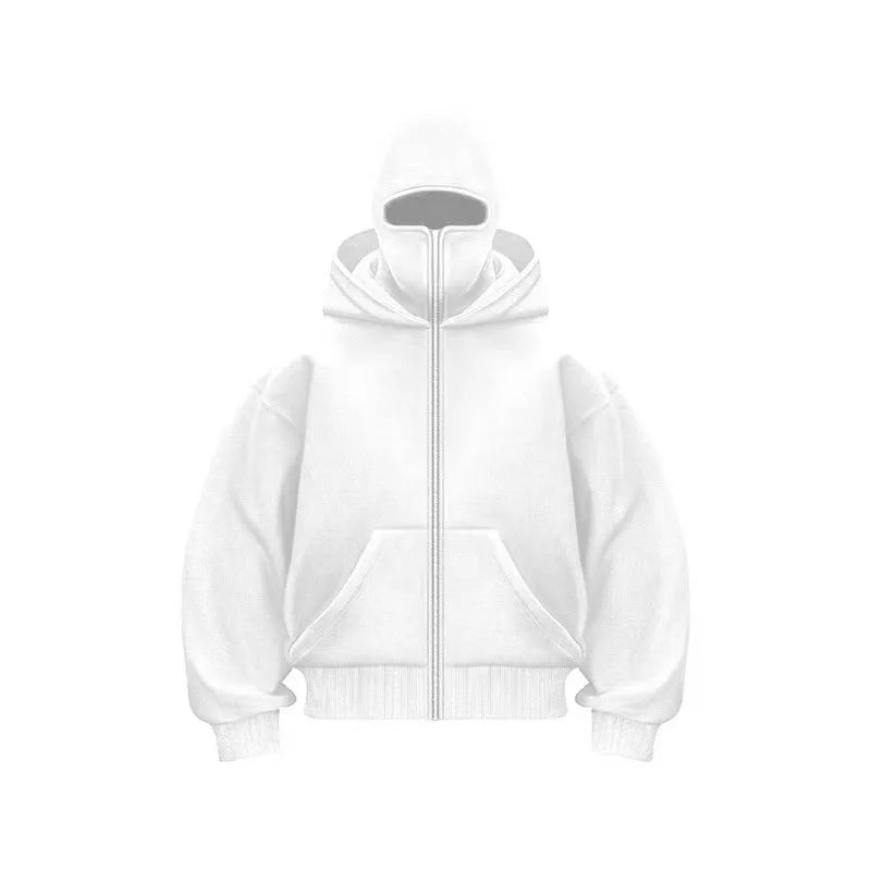 Men Hip Hop Double Hat Balaclava Hoodie Windproof Zipper Face Mask Sweatshirt Streetwear Trend Autumn Fashion Hooded Jacket Coat