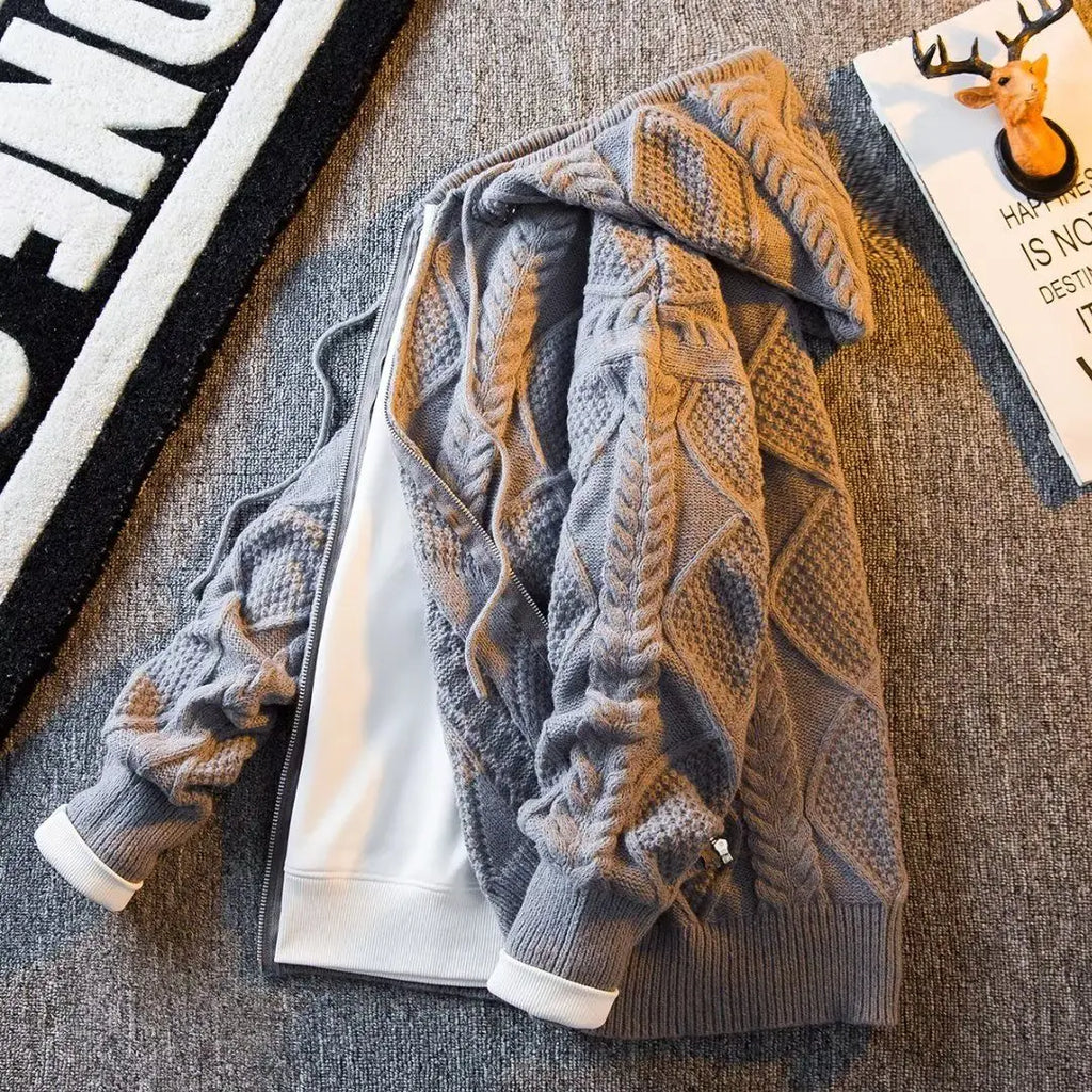 Men's New England Style Hooded Streetwear Zipper Cardigan Autumn Winter Knitted Thick Sweater