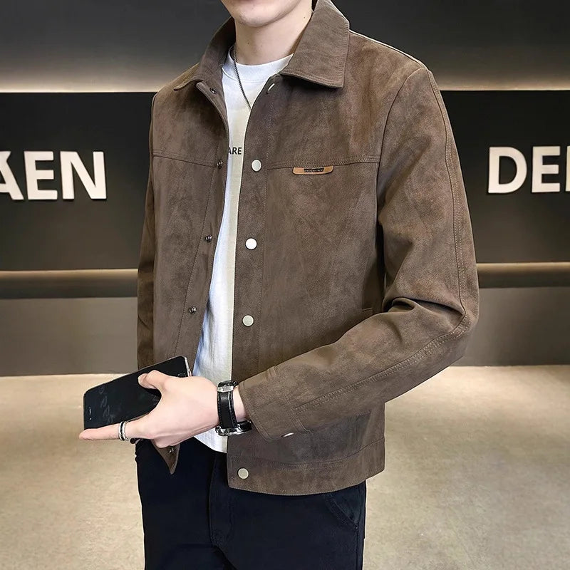 Men Jacket Spring Autumn American Retro Slim Turn Down Collar Long Sleve Male Outerwear Single-breasted Versatile Man Coat