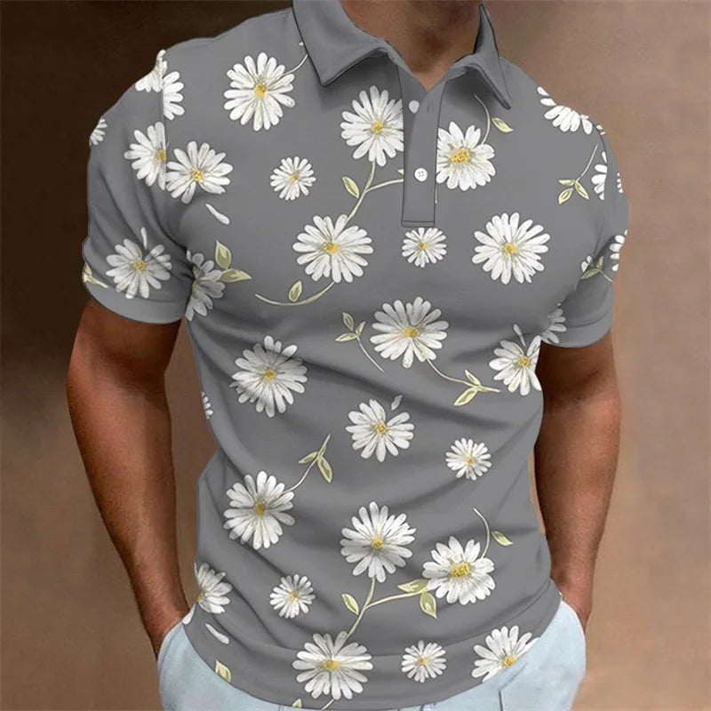 Men's Polo Shirt Summer Casual Short Sleeve Flower Print Buttons Polo Shirts Tops Fashion Pullover Tshirts Male Golf Wear