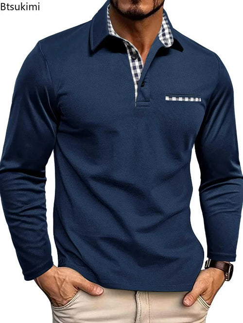 2026 New Men's Long Sleeve Polo Shirts Spring Autumn Casual Slim Fit Turn Down Collar Top High Quality Fashion Tops Male Tees