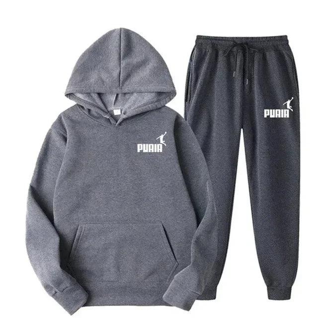 Autumn and winter new men's sportswear set, outdoor cycling windproof and warm men's hooded sweatshirt + pants 2-piece set
