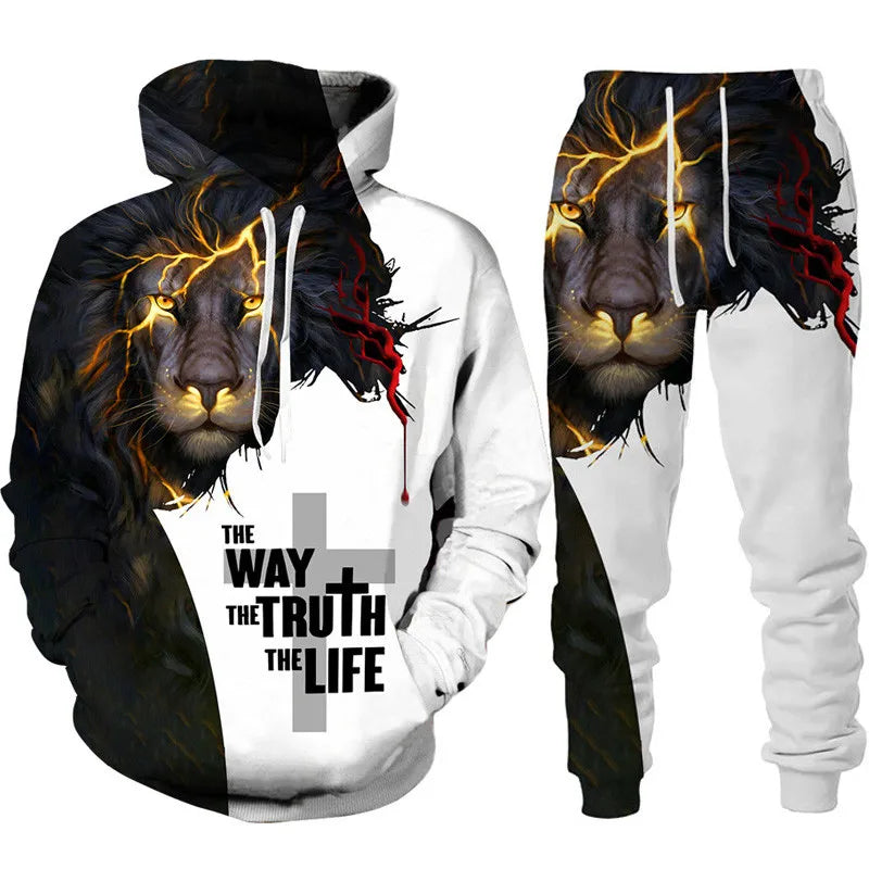 Two Piece Set Christian Bible Faith Jesus God Men's Hoodie/Suit Cool 3D Lion Printed Streetwear Couple Clothes Jogging Tracksuit