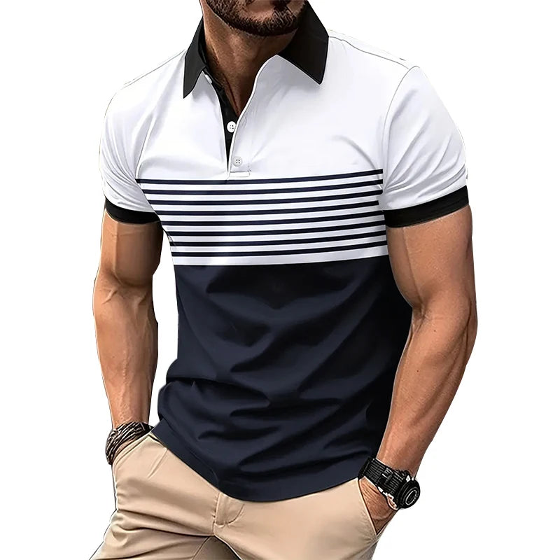 Men's Fashion 3D Digital Print Striped Polo Shirts with Buttoned Placket and Short Sleeves for Summer
