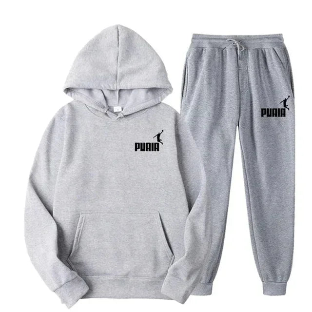 Autumn and winter new men's sportswear set, outdoor cycling windproof and warm men's hooded sweatshirt + pants 2-piece set