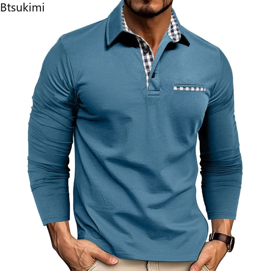 2026 New Men's Long Sleeve Polo Shirts Spring Autumn Casual Slim Fit Turn Down Collar Top High Quality Fashion Tops Male Tees