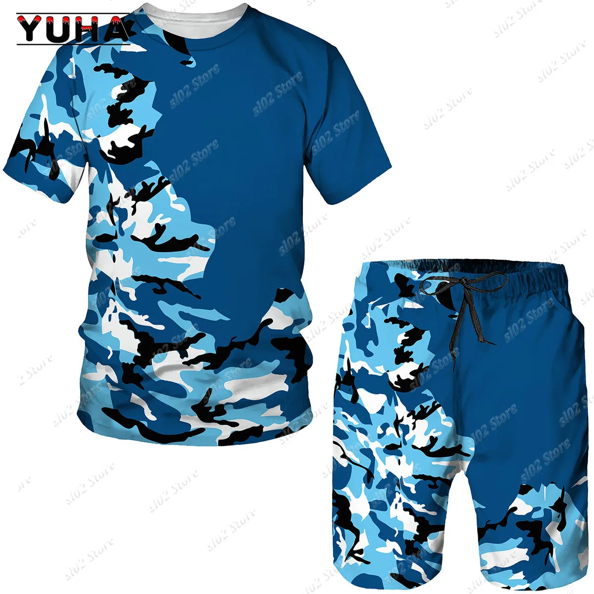 YUHA Summer Camouflage Tees/Shorts/Suits Men's T Shirt Shorts Tracksuit Sport Style Outdoor Camping Hunting Casual Mens Clo