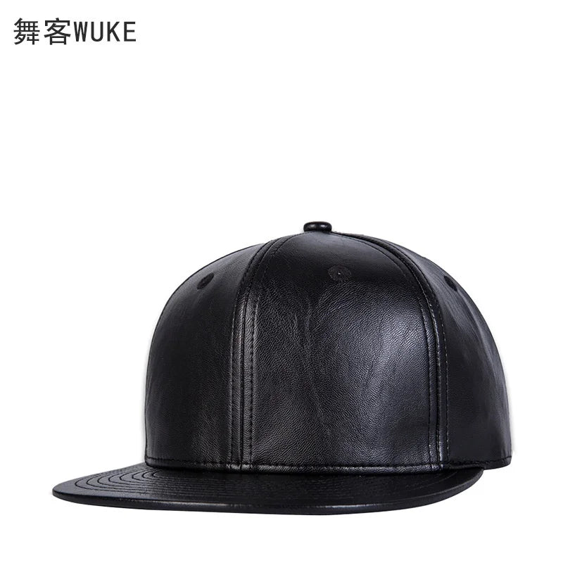 Hip hop hat men's street versatile Black Leather Flat brimmed hat