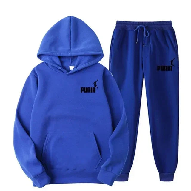 Autumn and winter new men's sportswear set, outdoor cycling windproof and warm men's hooded sweatshirt + pants 2-piece set