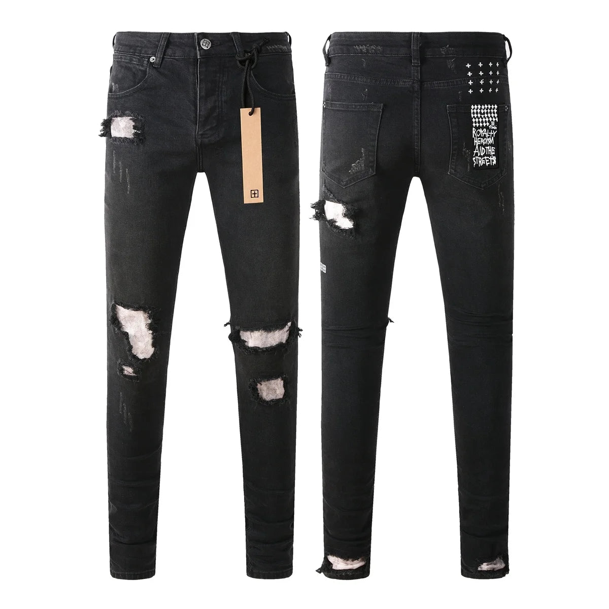 2026 New Men Jeans Fashion Trends Distressed Rose Embroidered Logo Stretch Skinny Button Jeans Pants