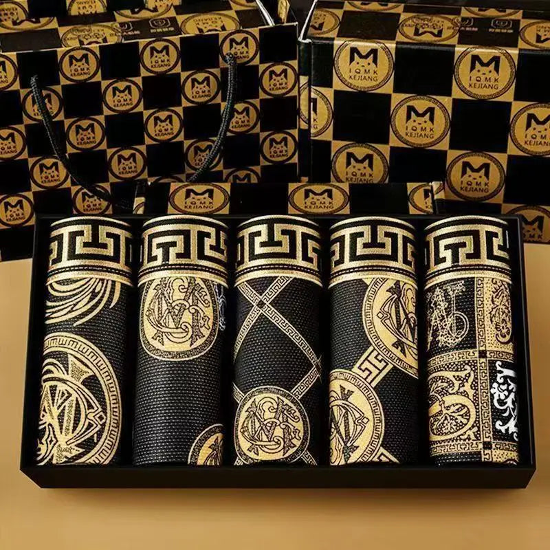 5 pieces of summer high-end black gold ice silk mid-waisted thin breathable and comfortable boxers for men's boxers