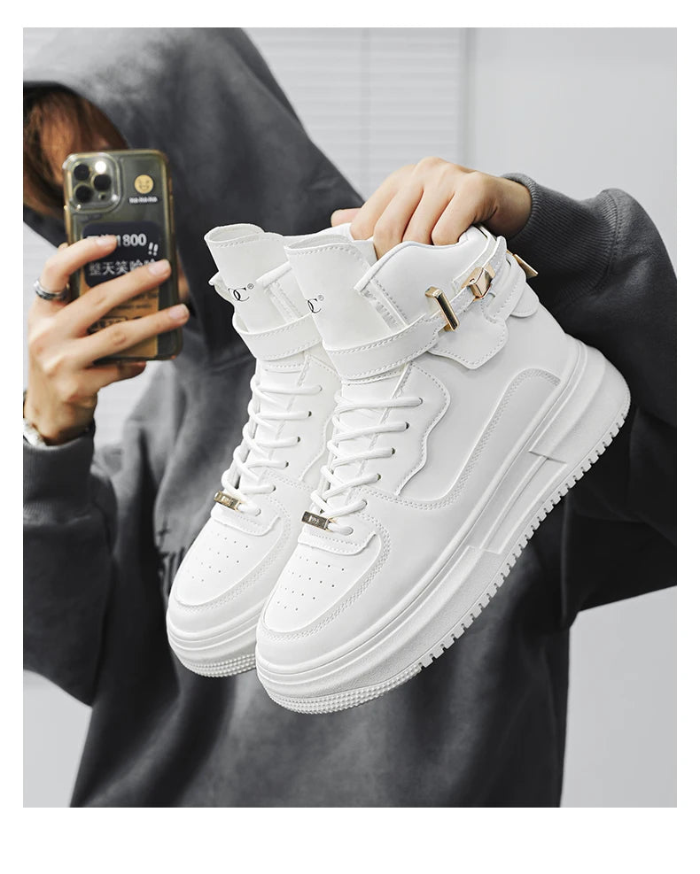Men's High-top Sneakers Are Fashionable and Versatile.Thick-soled Casual Shoes Are Light, Trendy and Comfortable. White Sneakers