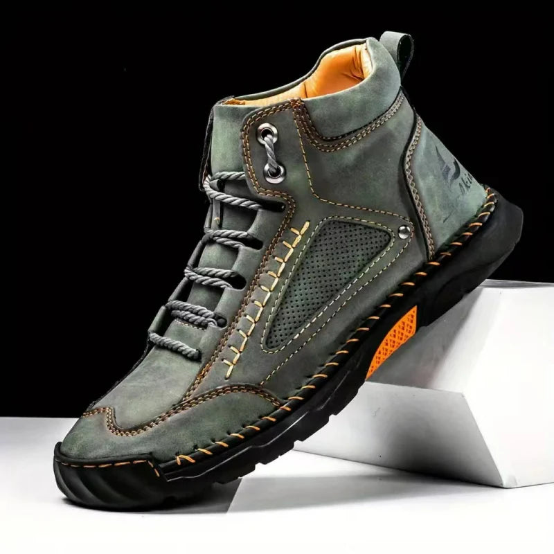 Men's Leather Ankle Boots Outdoor Casual Boots Vintage Soft Sneakers Flat Lace-up Boots Handmade Large Size Mens Shoes Botines