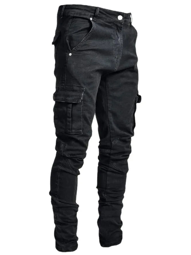 2026Jeans Men Pants Wash Solid Color Multi Pockets Denim Mid Waist Cargo Jeans Plus Size Fahsion Casual Trousers Male Daily Wear