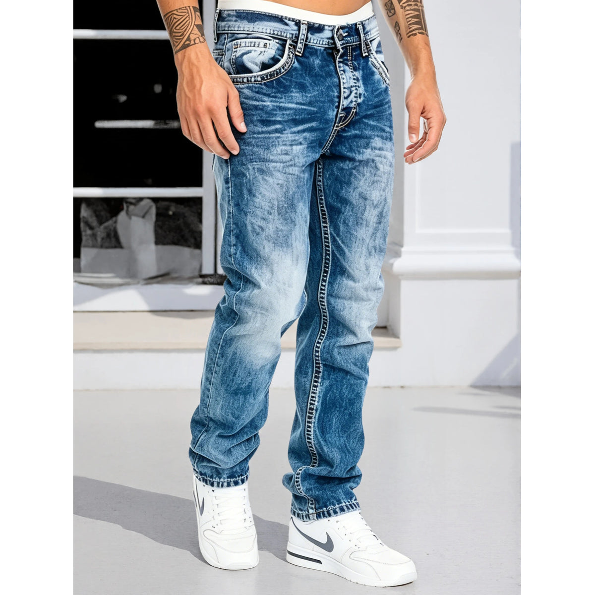 Men's Jeans Man Pants Classic Straight Cut Stretchl Denim Trousers Vintage Washed Solid Color for Street Style
