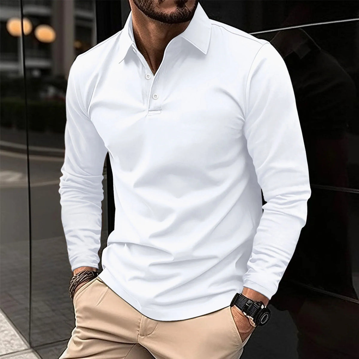 Men's Long Sleeve Polo Shirt Solid Color Loose Fit Casual Turn Down Collar Daily Business Tops For Spring Autumn