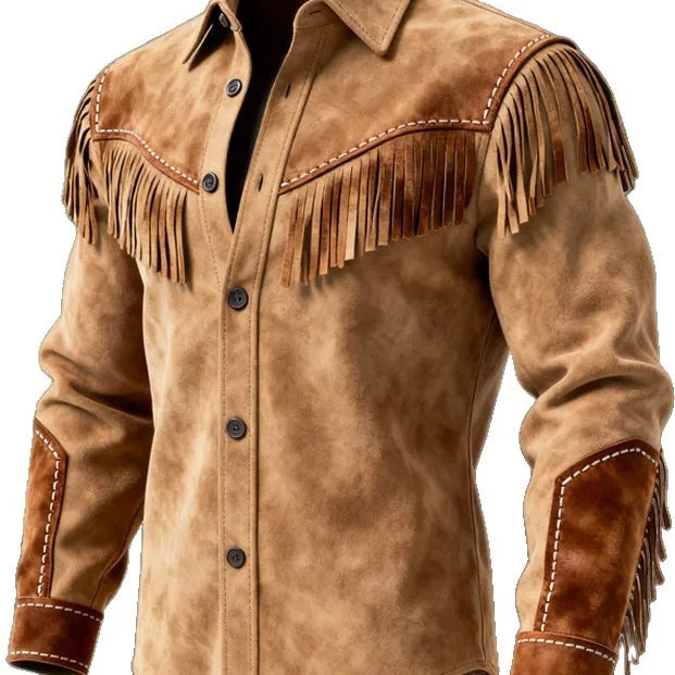 2026 Autumn Winter Men's Fur Fringed Jacket Coat Vintage Ethnic Trendy Button Open Lining Casual  Streetwear