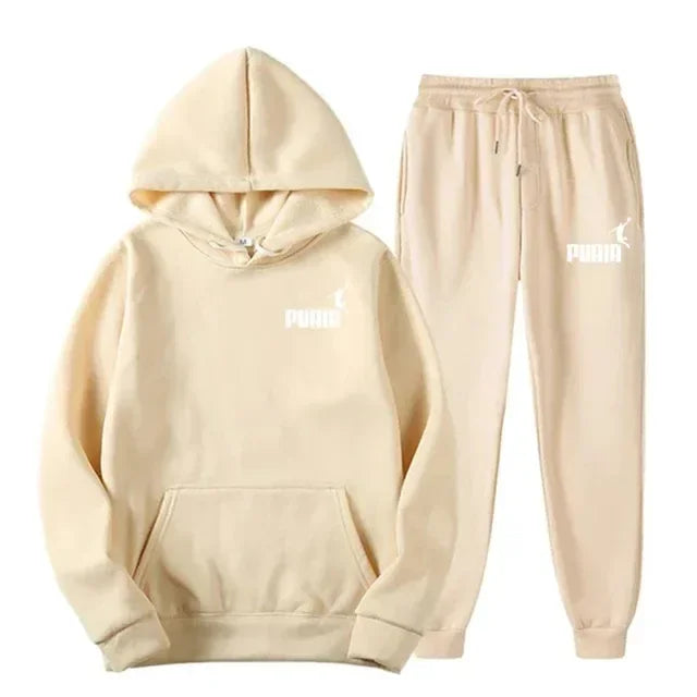 Autumn and winter new men's sportswear set, outdoor cycling windproof and warm men's hooded sweatshirt + pants 2-piece set