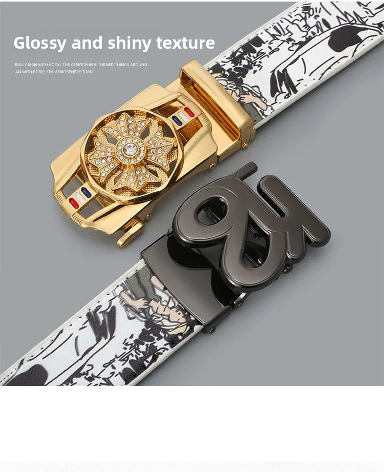 Men's Fashionable Automatic Belt with Rotating Buckle，Graffiti printPUBelt，Luxurious casual belt suitable for jeans and trousers