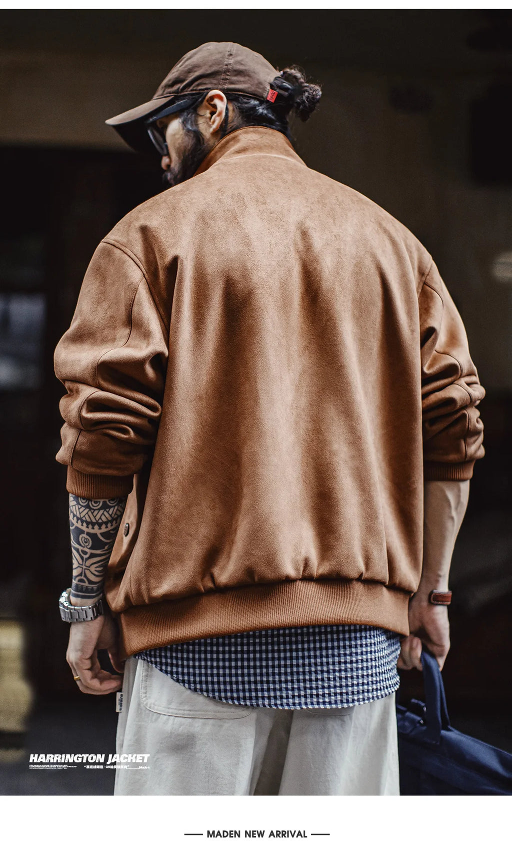 Maden Vintage Men's Suede Jackets Zippered Stand Collar Windbreaker with Tartan Lining Warm Coat for Autumn Winter Streetwear