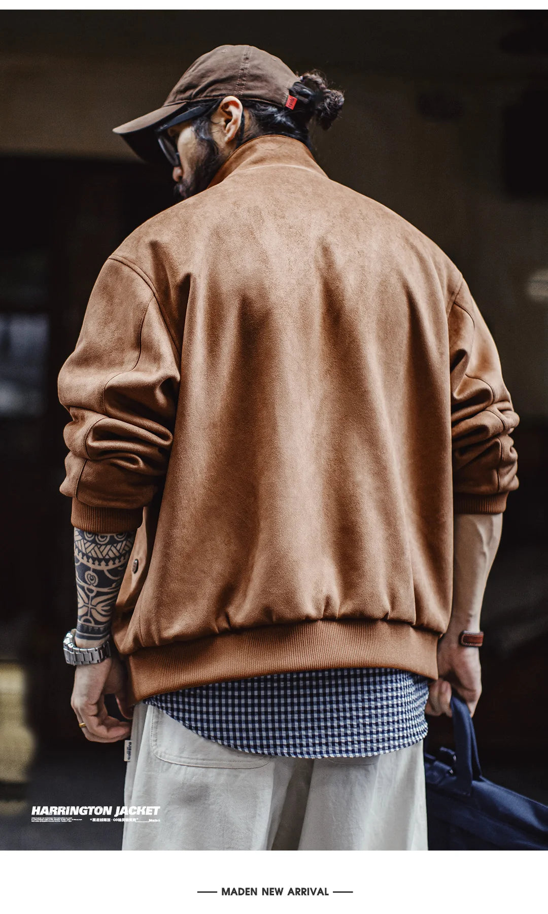 Maden Vintage Men's Suede Jackets Zippered Stand Collar Windbreaker with Tartan Lining Warm Coat for Autumn Winter Streetwear