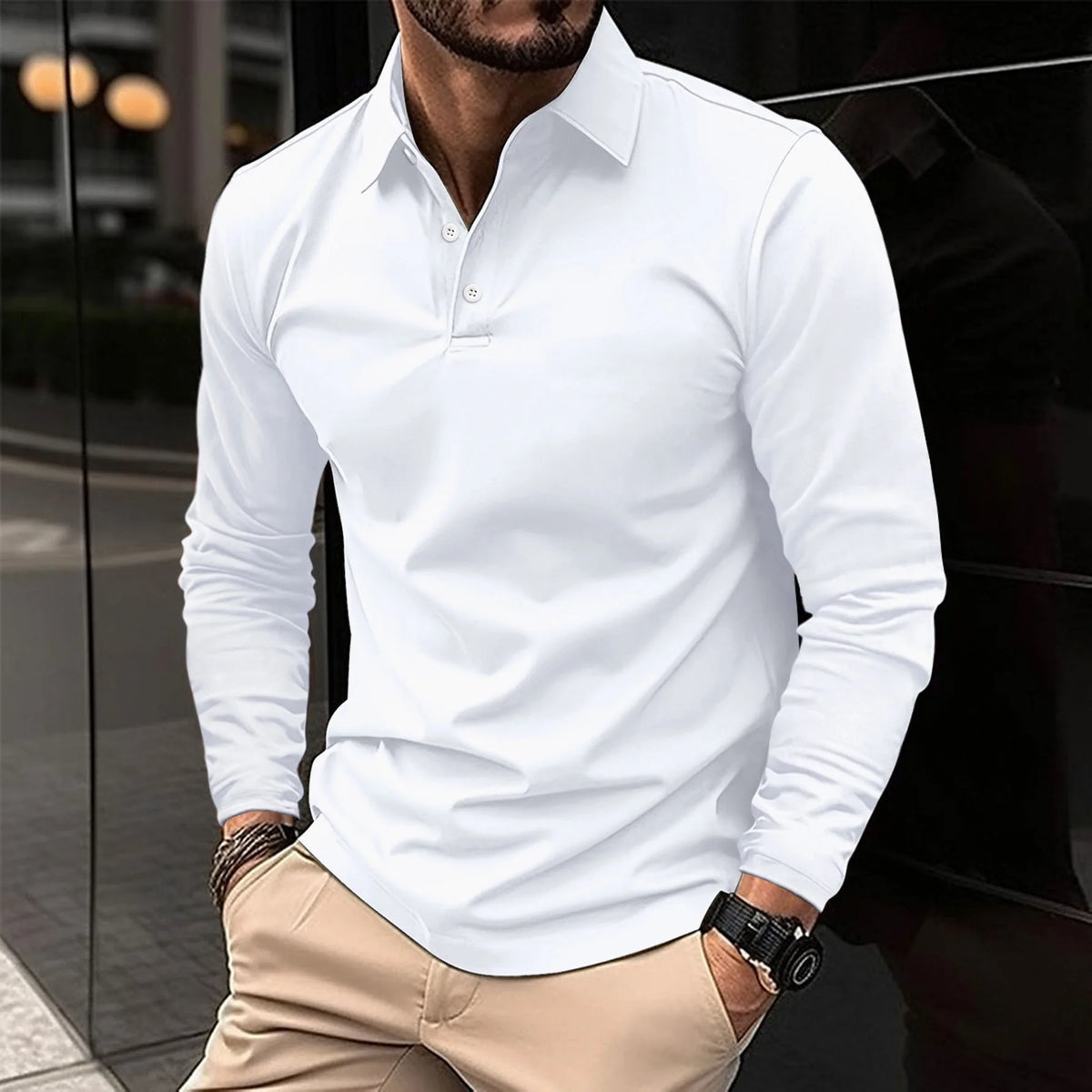 Men's Long Sleeve Polo Shirt Solid Color Loose Fit Casual Turn Down Collar Daily Business Tops For Spring Autumn