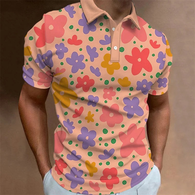 Men's Polo Shirt Summer Casual Short Sleeve Flower Print Buttons Polo Shirts Tops Fashion Pullover Tshirts Male Golf Wear