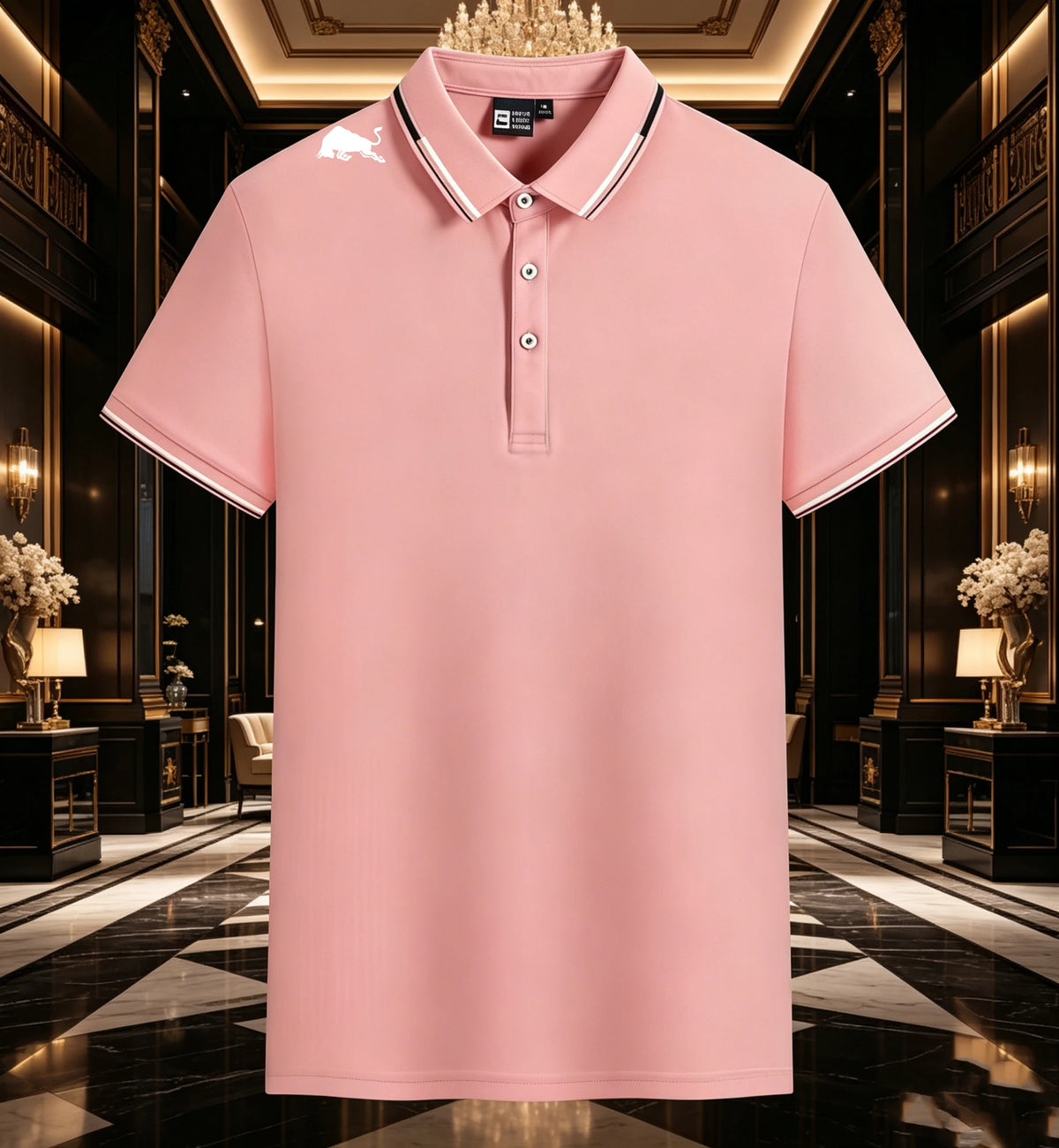 Men Black Polo Shirts Red White Striped Collar Cuff With Shoulder Bull Print Breathable Golf Tops