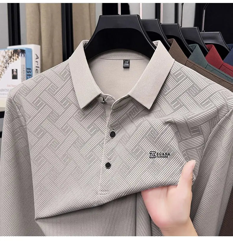 Men's Lapel Long Sleeve Polo Shirt Subtle Jacquard Print Casual Versatile Top for Middle Aged Dad Spring Autumn