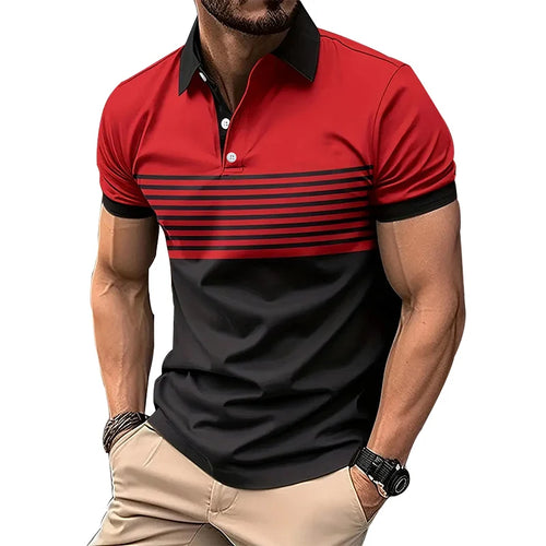 Men's Fashion 3D Digital Print Striped Polo Shirts with Buttoned Placket and Short Sleeves for Summer