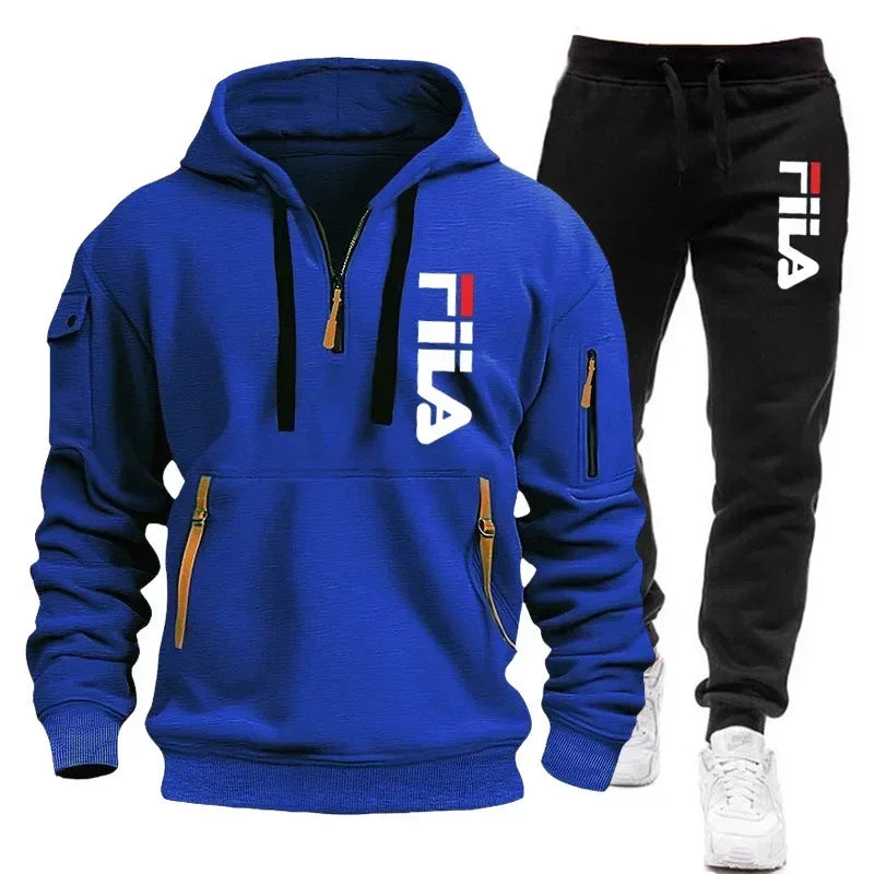 2026 Autumn and winter new men's multi pocket zipper hooded sports shirt+pants two-piece set, men's casual pullover sports set