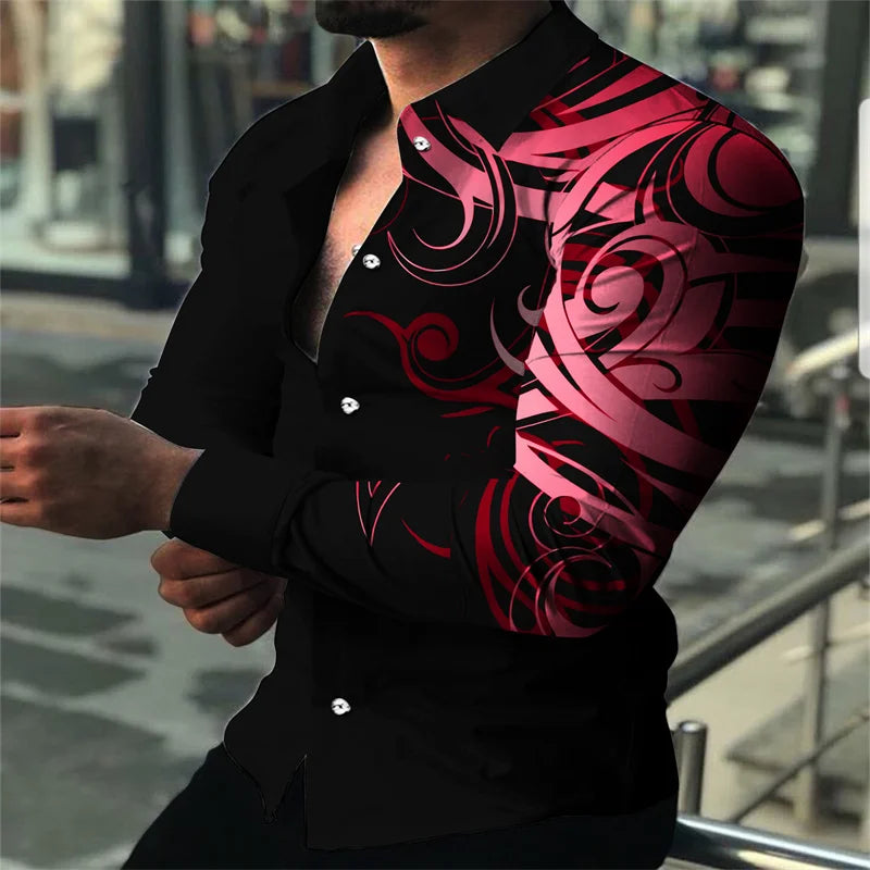 Men's Casual Graffiti 3D Printed Shirt Collar Simple Men's Long Sleeve Fashion Street Shirt Men's Loose Top