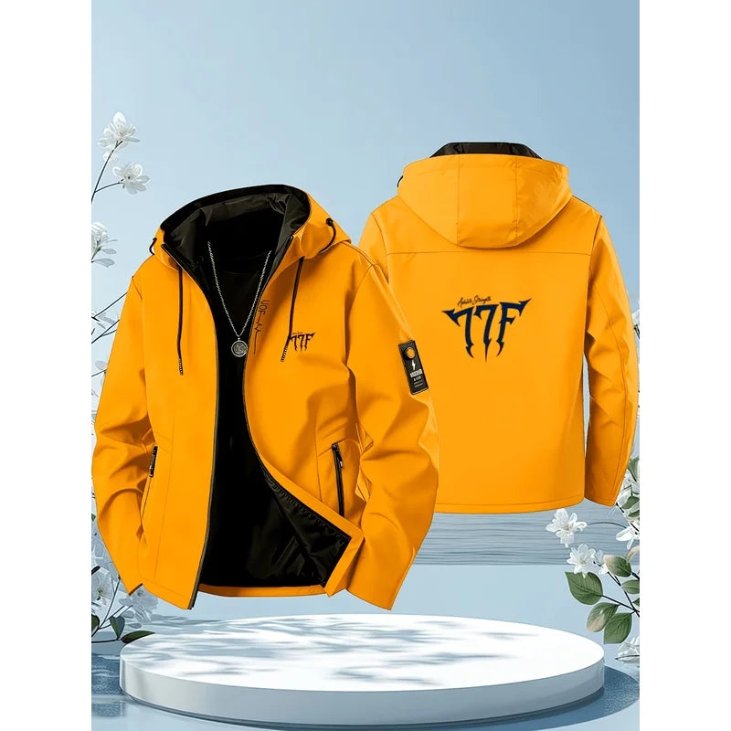 Men's casual hooded jacket, sporty design, featuring brand patterns on the back, suitable for daily wear and outdoor activities.
