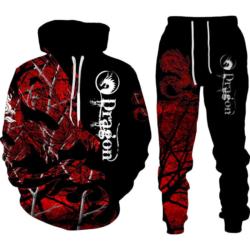 Popular Dragon 3D Printed Men's Sweatshirt Hoodies Set Animal Tracksuit Pullover Jacket Pants Sportswear Autumn jogging Set﻿﻿