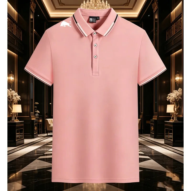 Men Black Polo Shirts Red White Striped Collar Cuff With Shoulder Bull Print Breathable Golf Tops