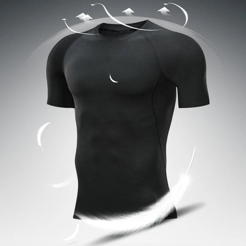 Men Gym Sport T-shirt Compression Elastic Quick Dry Tight Sweat-Wicking Breathable Jogging Running Fitness Athletic Workout Tee