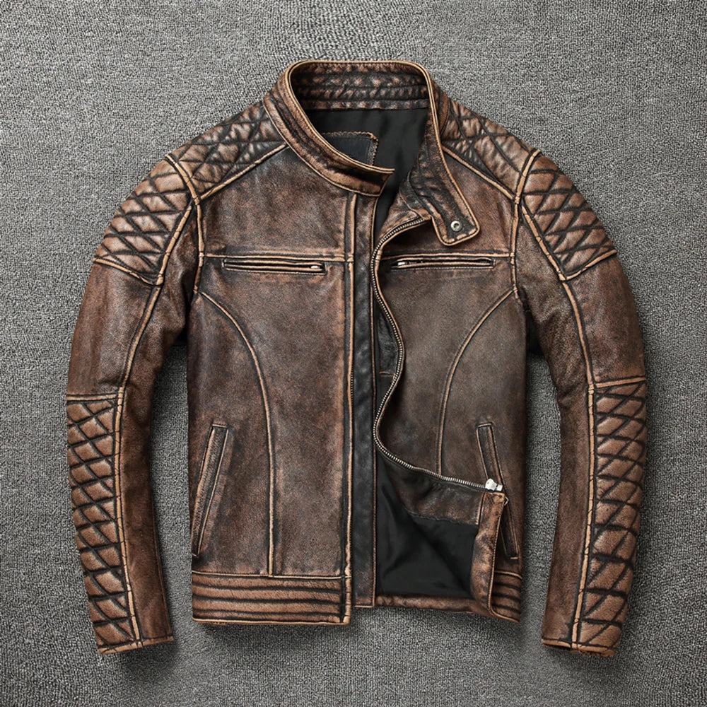 Vintage Men Leather Jacket Thick 100% Genuine Cowhide Biker Jacket  Slim Fit Men Motorcycle Coat Autumn ASIAN SIZE S-5XL M419