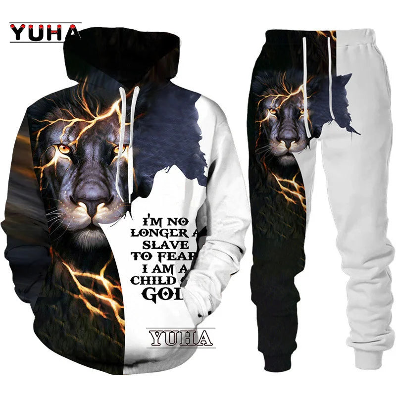 Two Piece Set Christian Bible Faith Jesus God Men's Hoodie/Suit Cool 3D Lion Printed Streetwear Couple Clothes Jogging Tracksuit