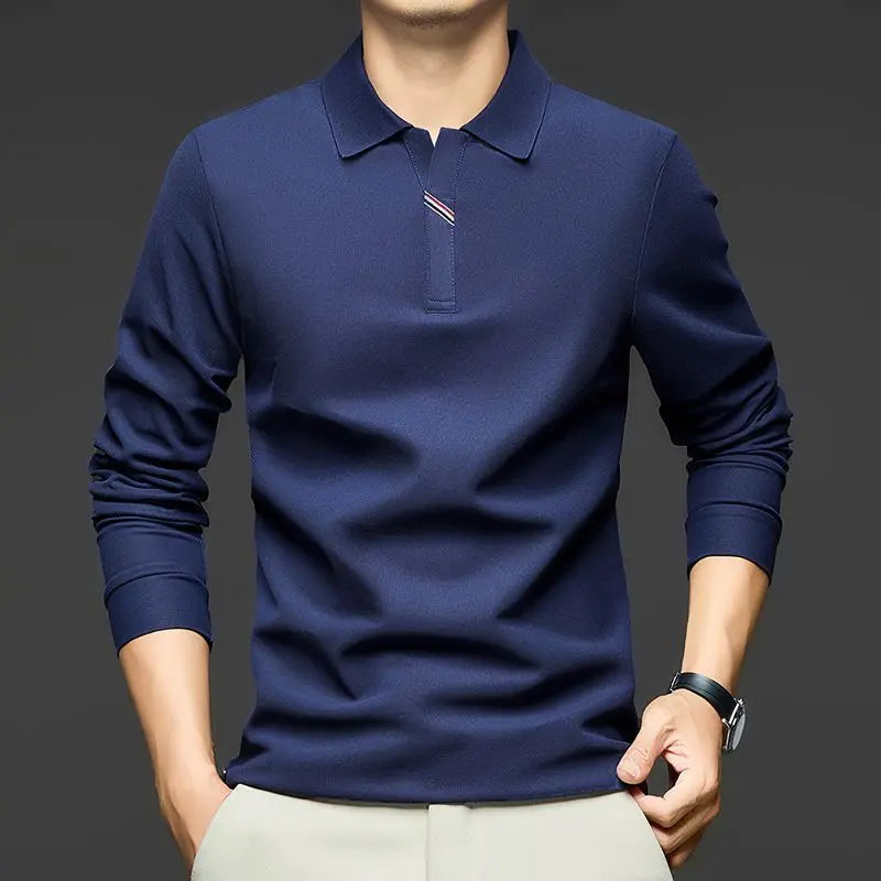 Mens Lapel Long Sleeve Polo Shirt Simple Striped Decor Loose Casual Fashion Business T Shirts
