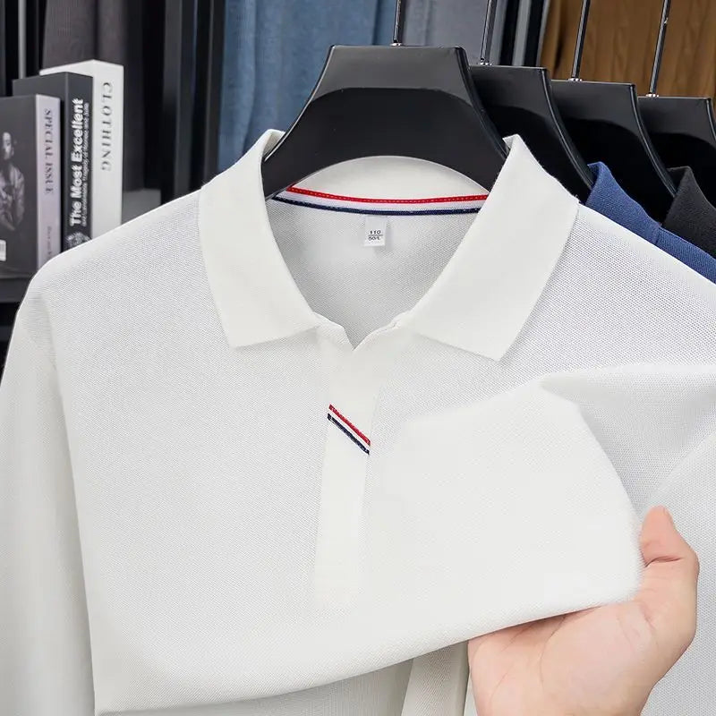 Mens Lapel Long Sleeve Polo Shirt Simple Striped Decor Loose Casual Fashion Business T Shirts