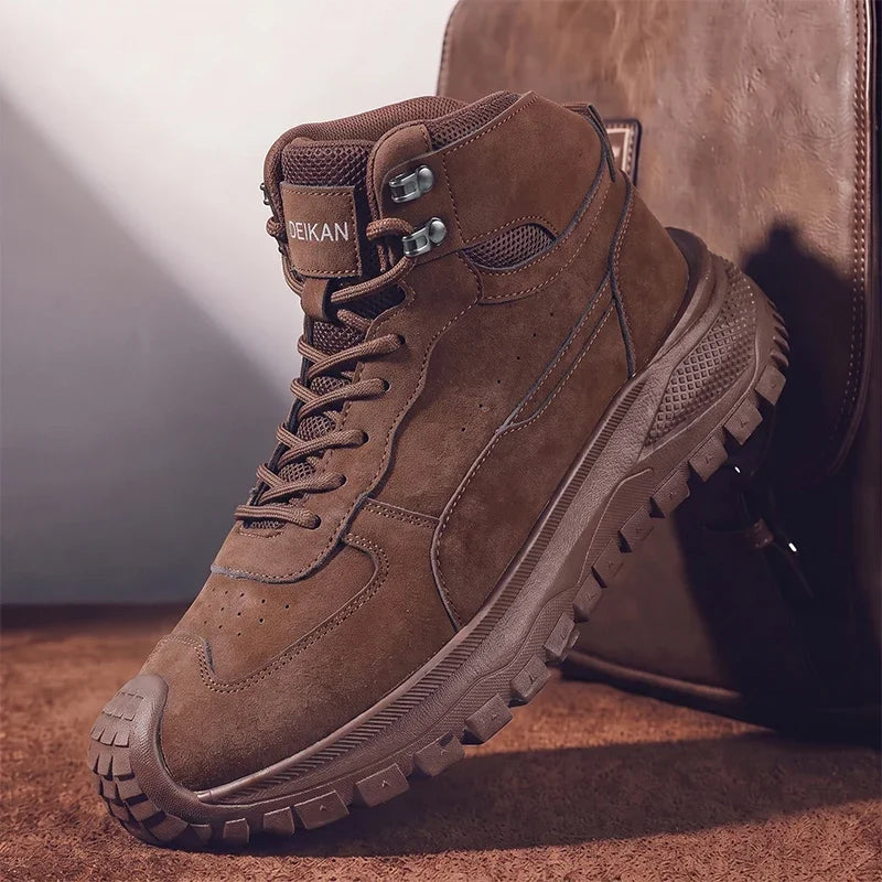 Men High Top Ankle Boots Suede Mesh Splicing Shoes Anti‑collision Toe Non‑slip Thick Sole Male Boots for Daily Walking Commute